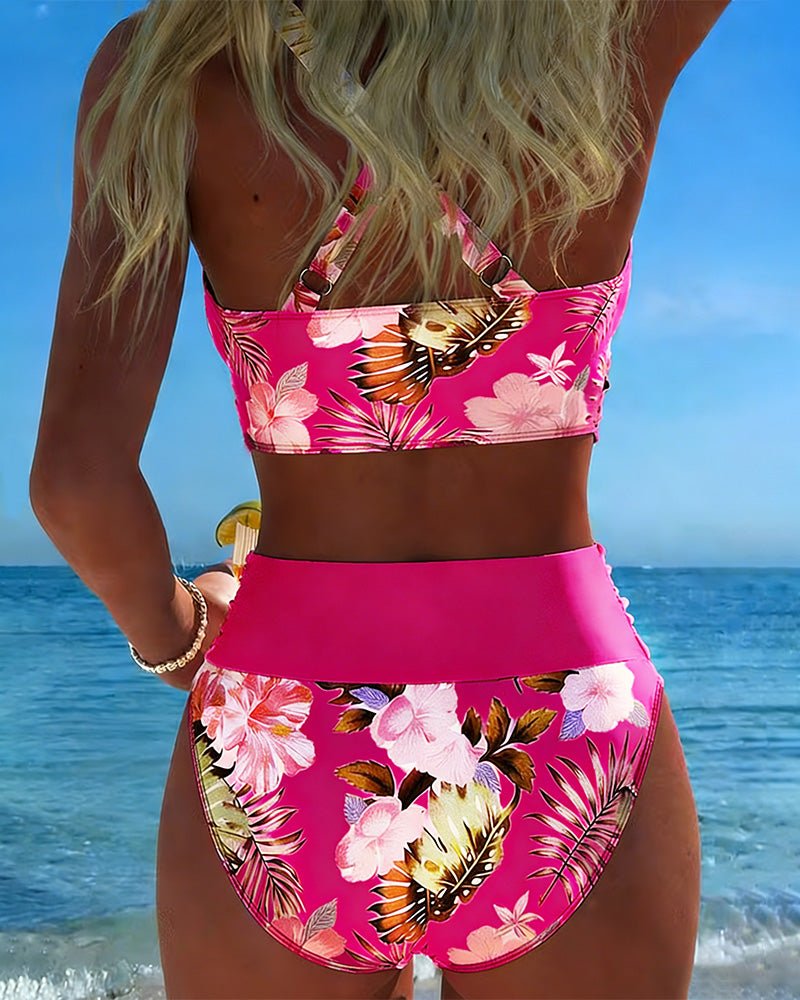 Bikini con estampado floral de contraste y abertura
