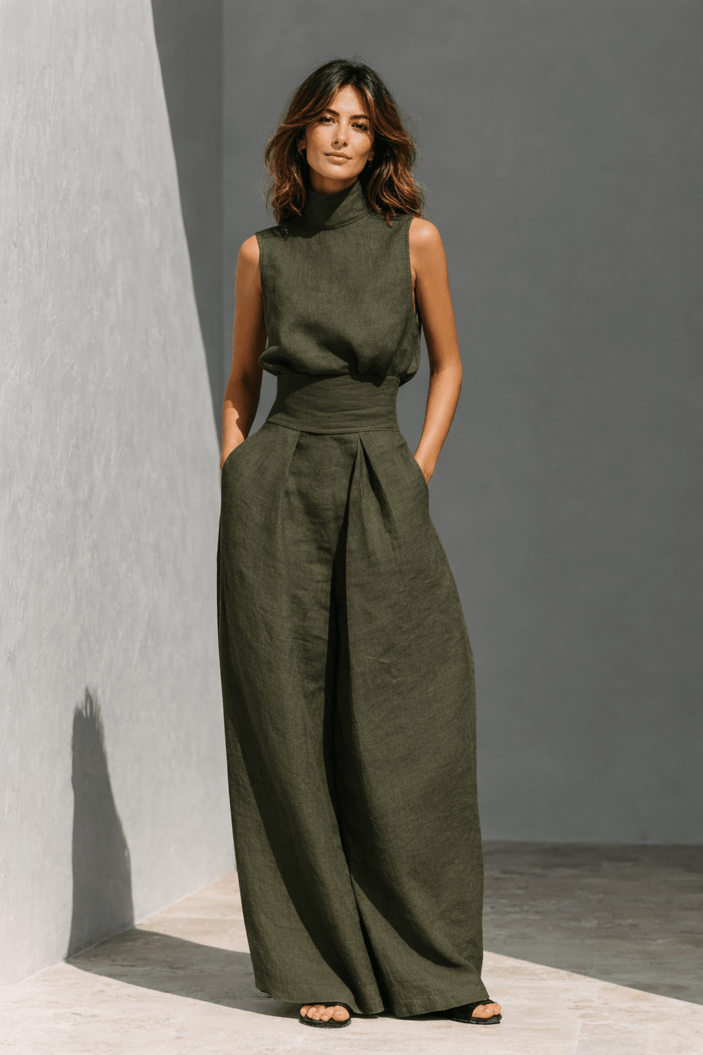 María – Conjunto Minimalista de Top Sin Mangas y Pantalón Largo en Algodón y Lino para Mujer