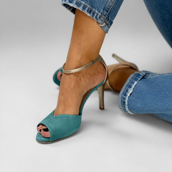 Roksana™ — Two-Tone Turquoise Gold Stiletto Sandals, Vibrant Elegance