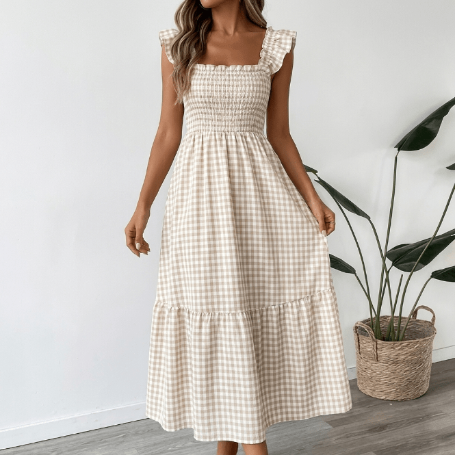 Vera | Vestido maxi de cuadros con escote cuadrado