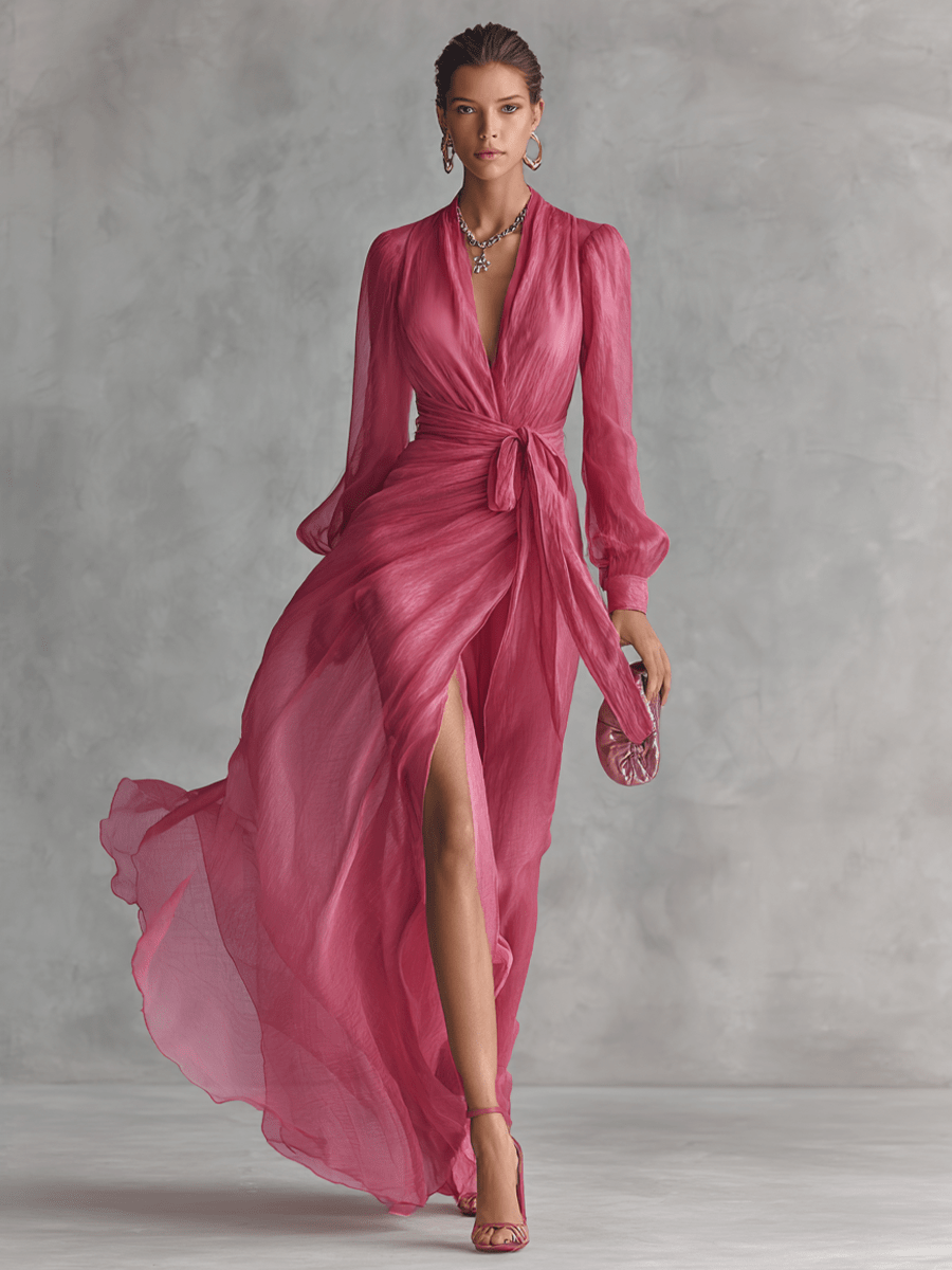 Vestido largo elegante de mujer en chifón rosa perla con escote en V y cinturón en la cintura