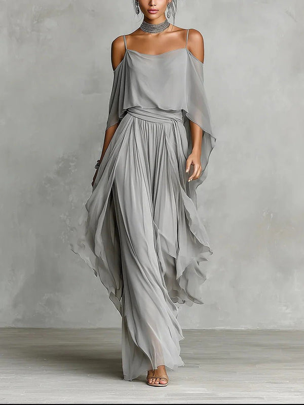 Renata | Grey fluid set with a top featuring thin straps and lightweight trousers