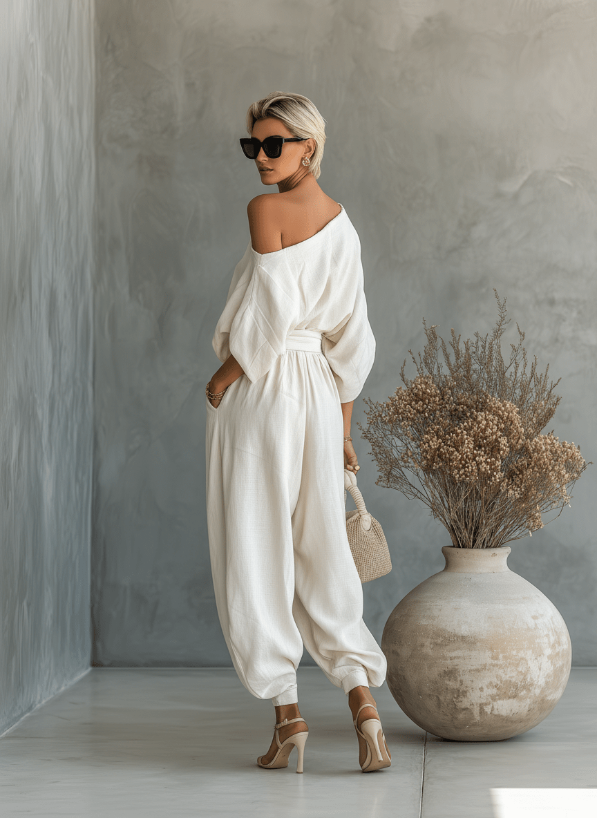 Conjunto de lino con top hombros descubiertos y pantalón