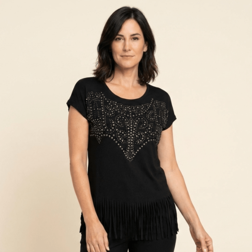 Mara - Camiseta con detalle brillante y flecos