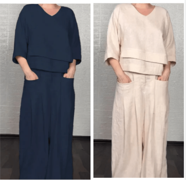 💎 Conjunto 2 Piezas de Algodón y Lino con Bajo Irregular – Top Escote en V + Pantalón Ancho, Transpirable y Elegante sin Esfuerzo 🍂👚