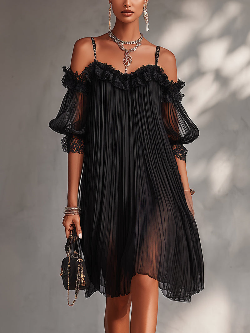 Vittoria | Black Muslin Mini Dress with Off-Shoulder Straps and Lace Trim