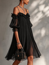 Vittoria | Black Muslin Mini Dress with Off-Shoulder Straps and Lace Trim