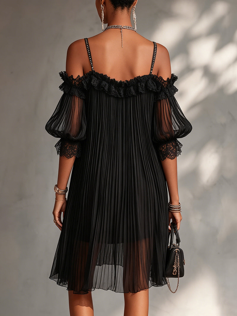 Vittoria | Black Muslin Mini Dress with Off-Shoulder Straps and Lace Trim