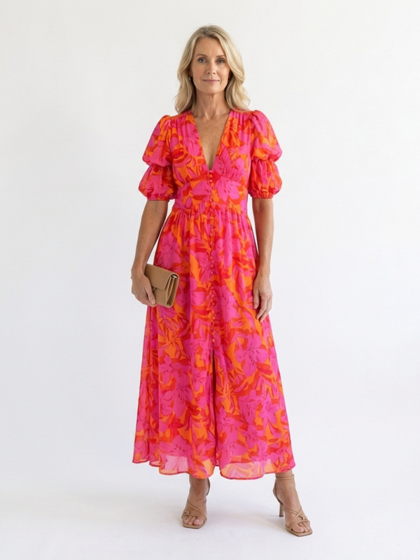 Willow | Abito Midi Floreale Scollo a V con Maniche a Sbuffo
