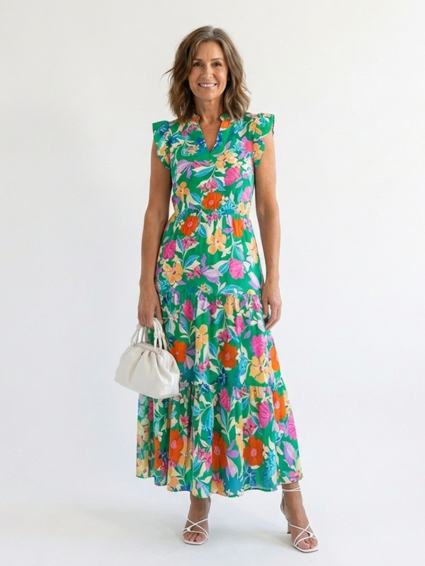 Lila | Abito Midi Floreale a Balze con Scollo a V