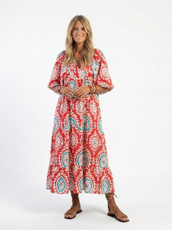 ZARIA | ABITO MIDI CON STAMPA PAISLEY, SCOLLO A V E MANICA CORTA