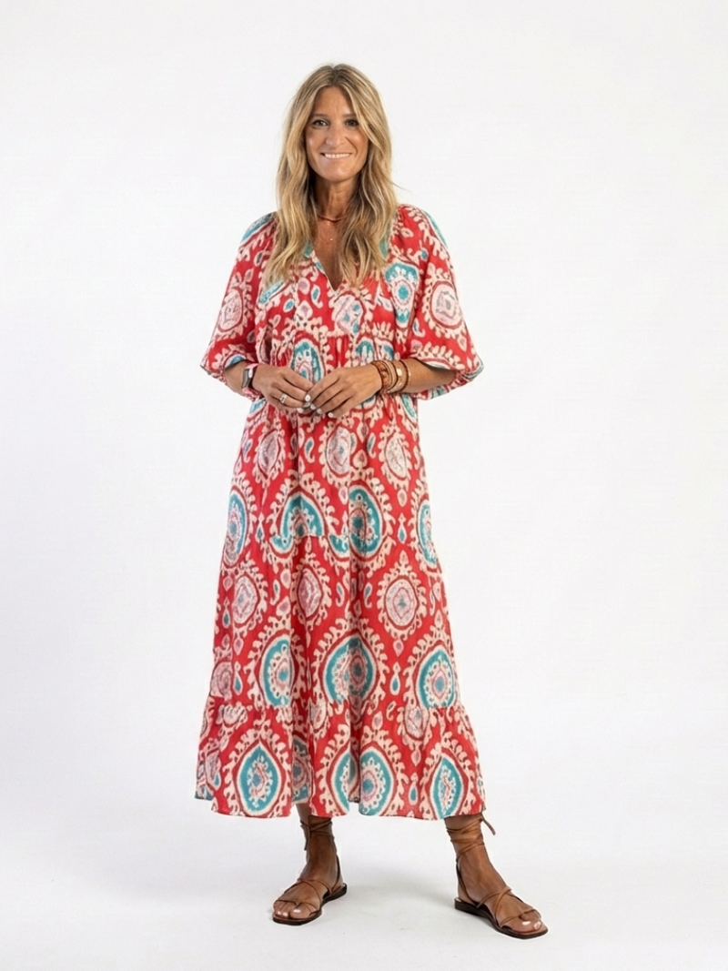 ZARIA | PAISLEY PRINT V NECK SHORT SLEEVE MIDI DRESS