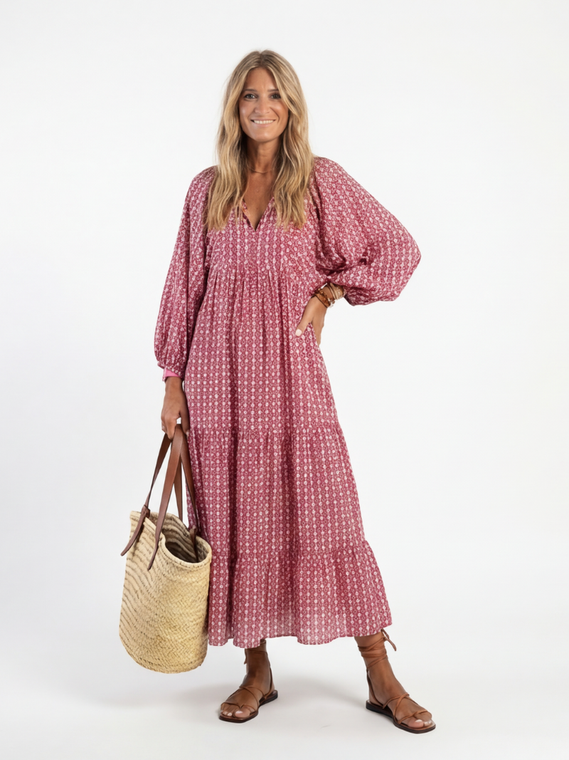 ARLETTE | GEOMETRIC PRINT LONG SLEEVE MIDI DRESS