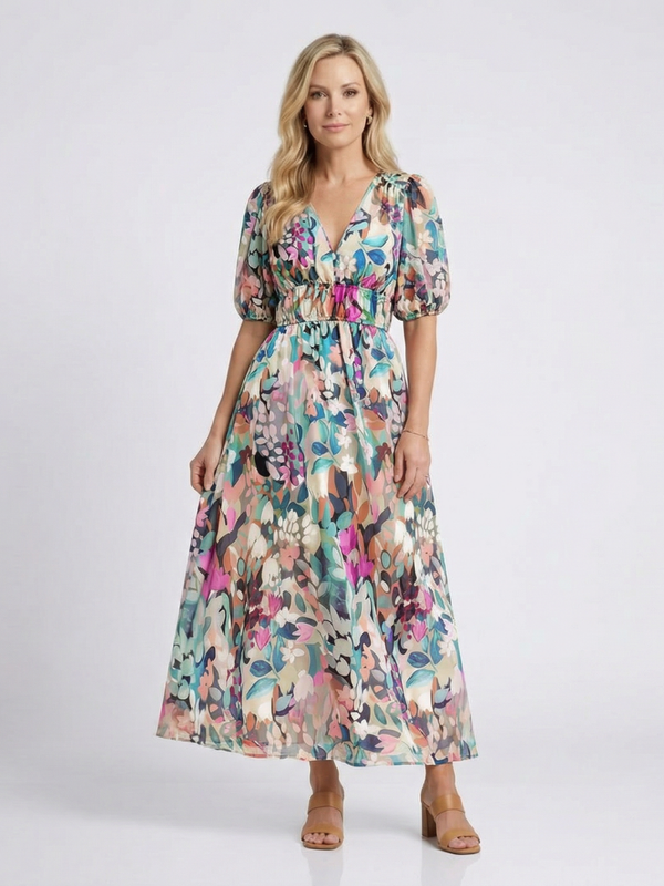 Eulalie | Abito Midi Scollo a V con Vita Arricciata e Manica Corta
