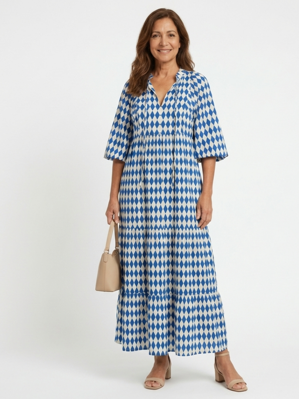Elodie | Abito Midi a Balze con Stampa a Rombi