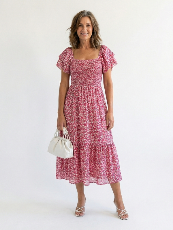 Odette | Abito Midi Floreale Smock a Spalle Scoperte