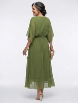 Elysia | V Neck Draped Waist Tie Midi Dress