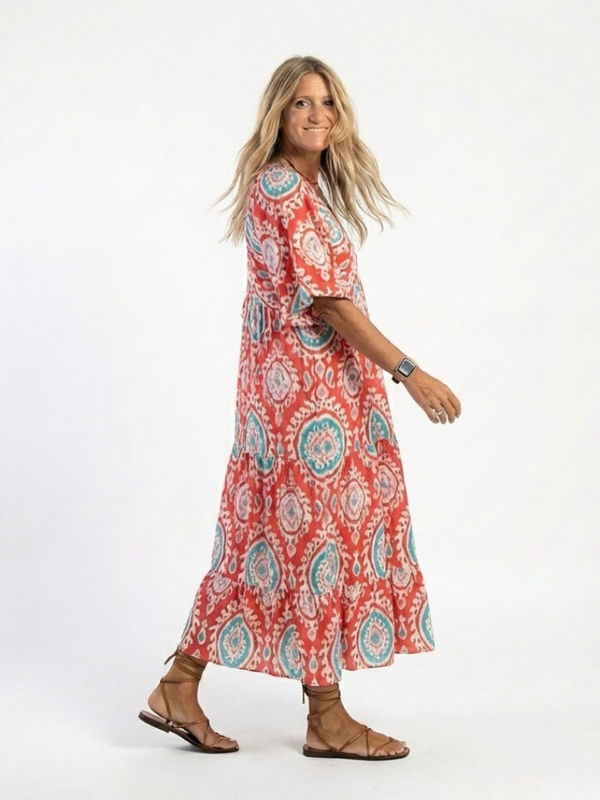 ZARIA | ABITO MIDI CON STAMPA PAISLEY, SCOLLO A V E MANICA CORTA