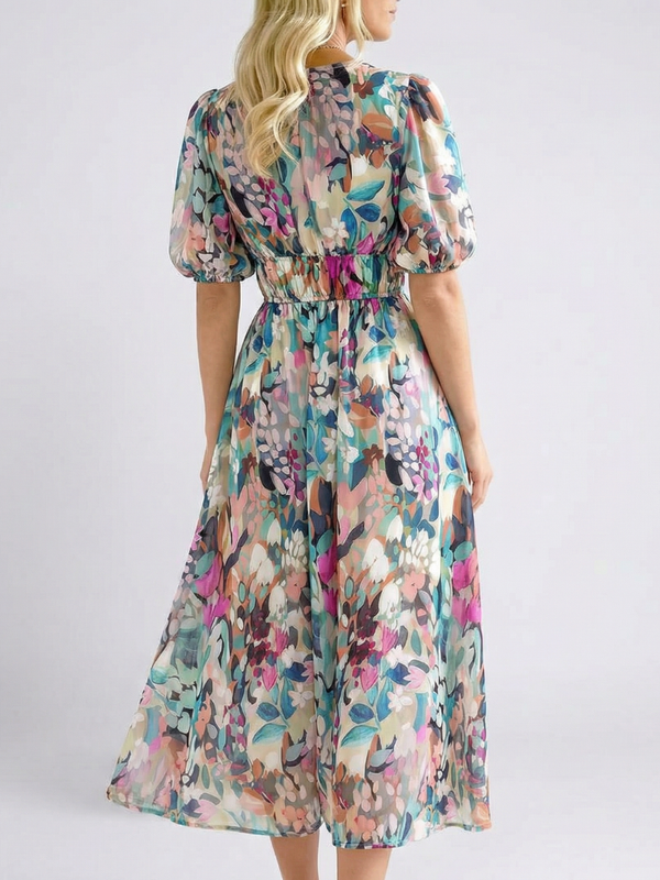 Eulalie | Abito Midi Scollo a V con Vita Arricciata e Manica Corta