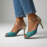 Roksana™ — Two-Tone Turquoise Gold Stiletto Sandals, Vibrant Elegance