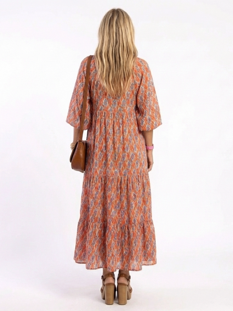 AMARA | GEOMETRIC PRINT V NECK TIERED MIDI DRESS