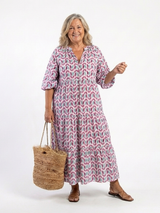 MIREYA | GEOMETRIC PRINT LONG SLEEVE TIERED MIDI DRESS
