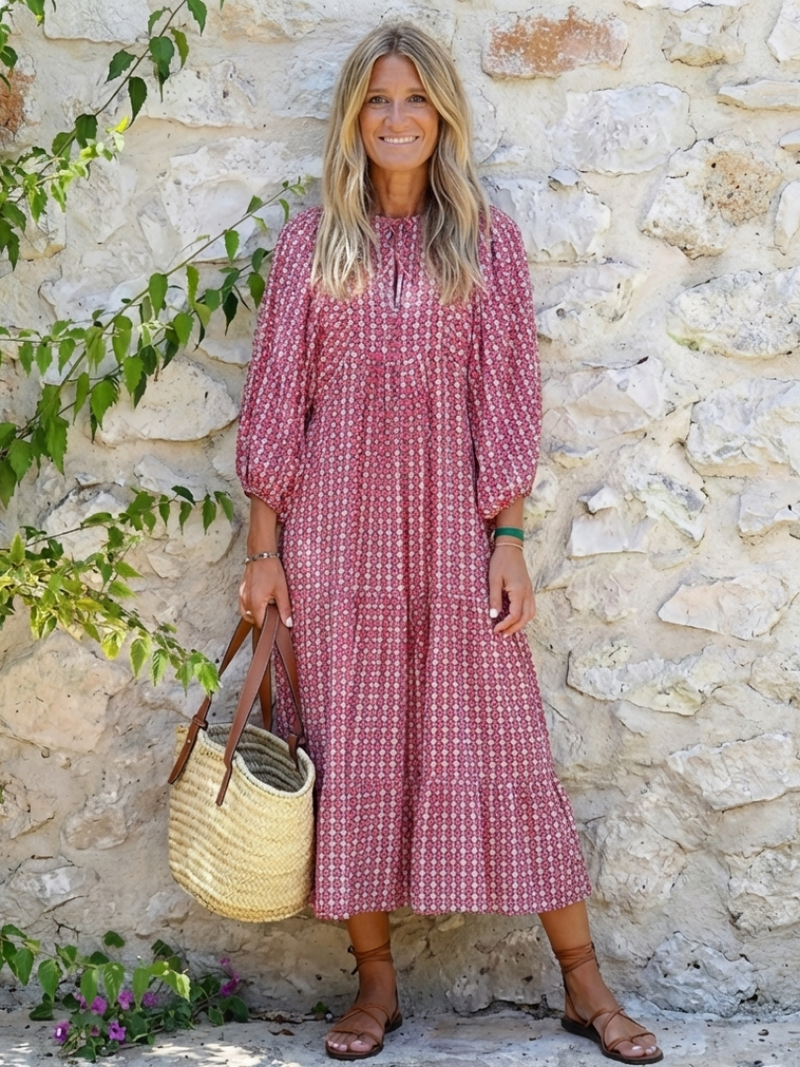 ARLETTE | GEOMETRIC PRINT LONG SLEEVE MIDI DRESS