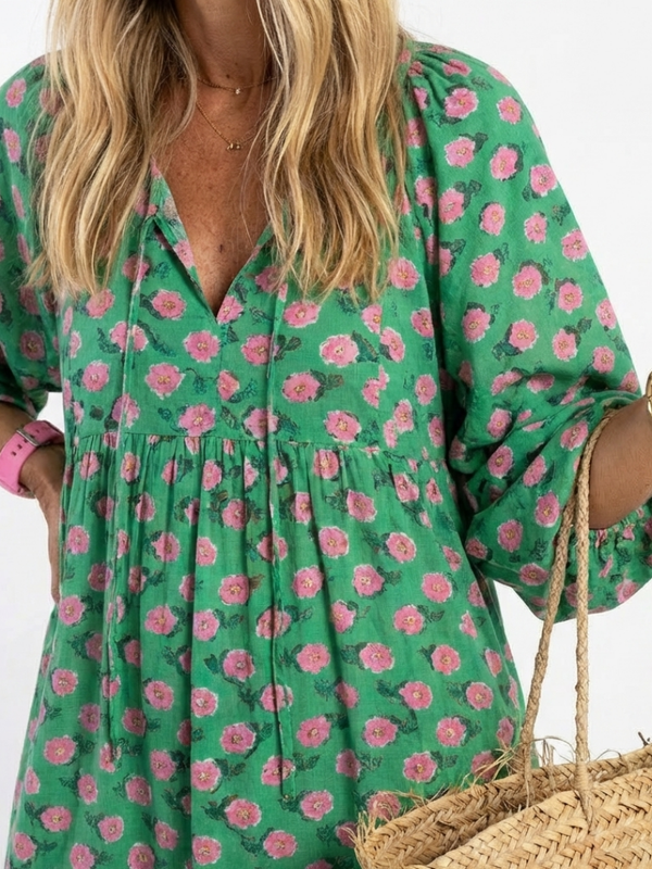 FIORA | ABITO MIDI A BALZE CON STAMPA FLOREALE E SCOLLO A V