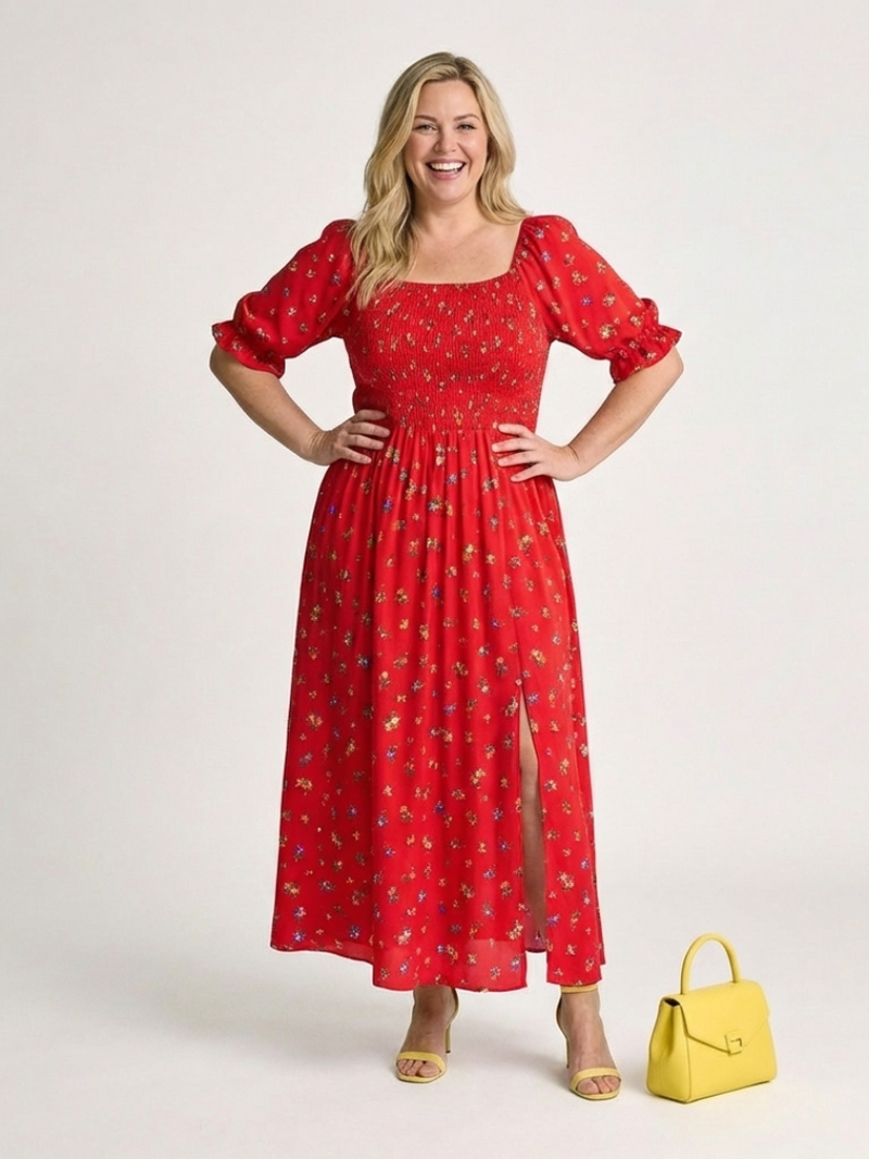 Delphine | Square Neck Floral Puff Sleeve Midi Dress