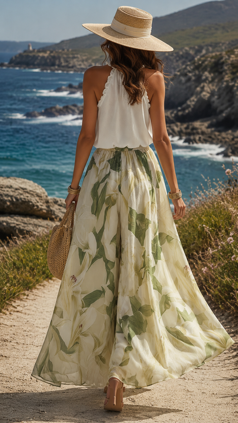 Antibes Set | Ruffled Top & Floral Wide-Leg Trousers