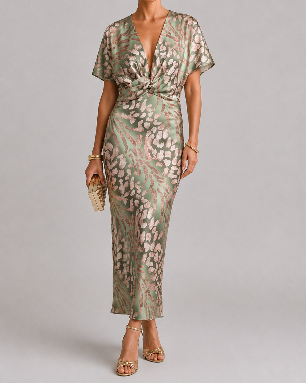 Coralie | Abstract Print V Neck Twist Waist Midi Dress