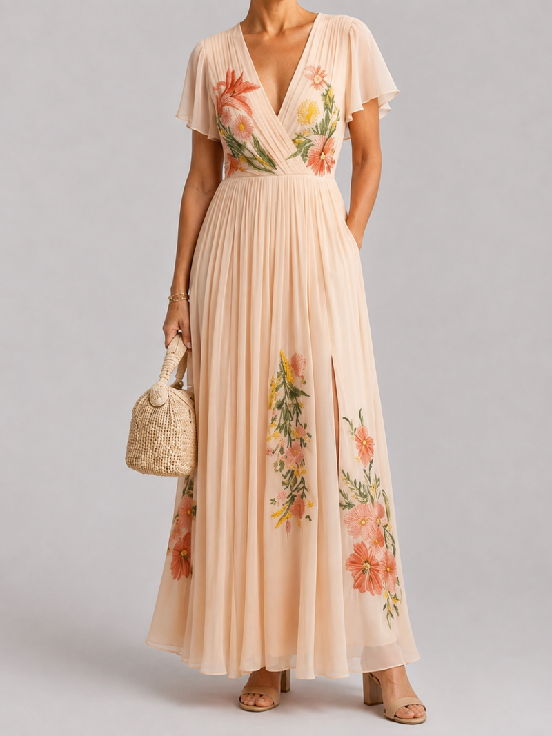 Calista | V Neck Short Sleeve Pleated Floral Maxi Dress