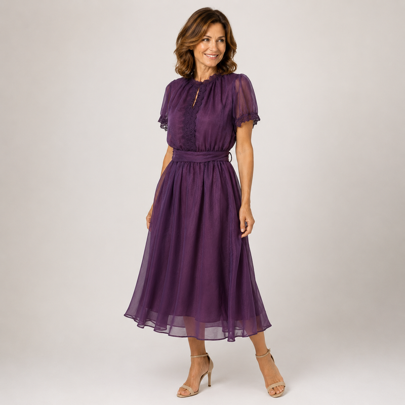 Flavia | Maxi Abito con Scollo a Goccia e Bordo in Pizzo Chiffon