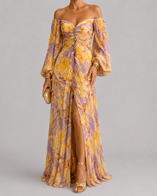GRETA™ – LONG FLORAL DRESS WITH A DEEP NECKLINE