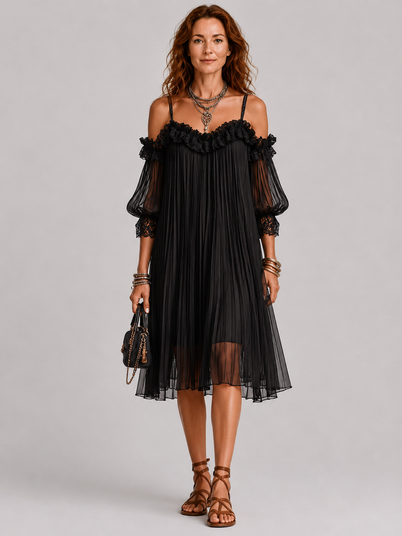 Vittoria | Black Muslin Mini Dress with Off-Shoulder Straps and Lace Trim