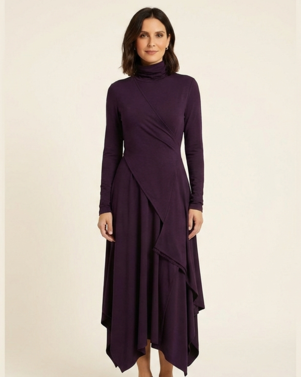 Elena - Vestido maxi elegante con cuello alto y drapeado asimétrico