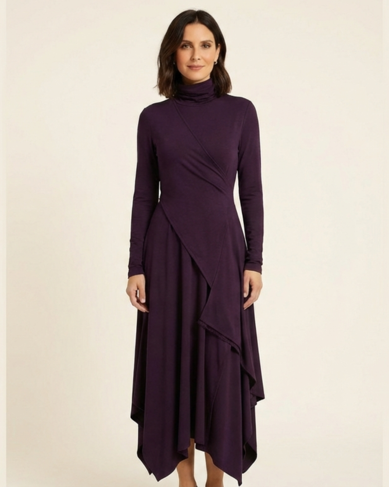 Elena - Vestido maxi elegante con cuello alto y drapeado asimétrico