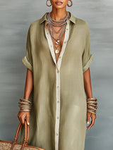 Manelle | Robe Longue Vert Olive Aux Lignes Minimalistes
