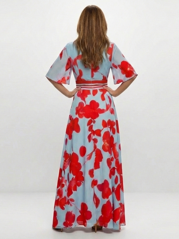 Corinne | Abito Maxi Floreale Scollo a V a Manica Corta
