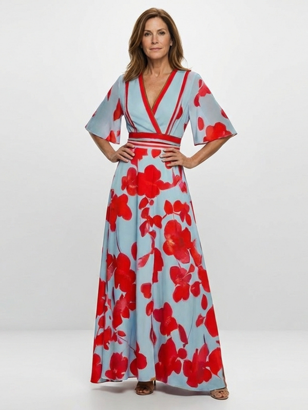 Corinne | Abito Maxi Floreale Scollo a V a Manica Corta