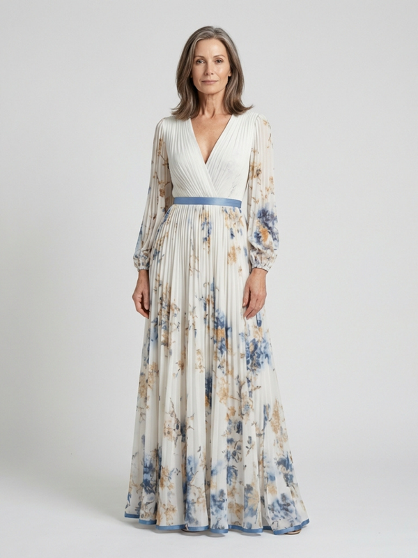Lavinia | Abito Maxi Floreale Scollo a V a Manica Lunga