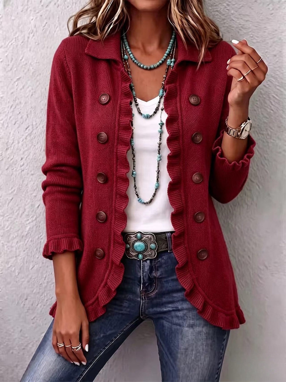 Rosalía | Giacca in Maglia Rosso Rubino con Rouches