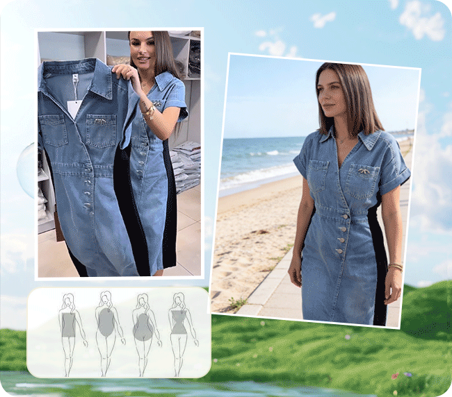 Miranda - El vestido efecto estilizador: patchwork denim con paneles laterales