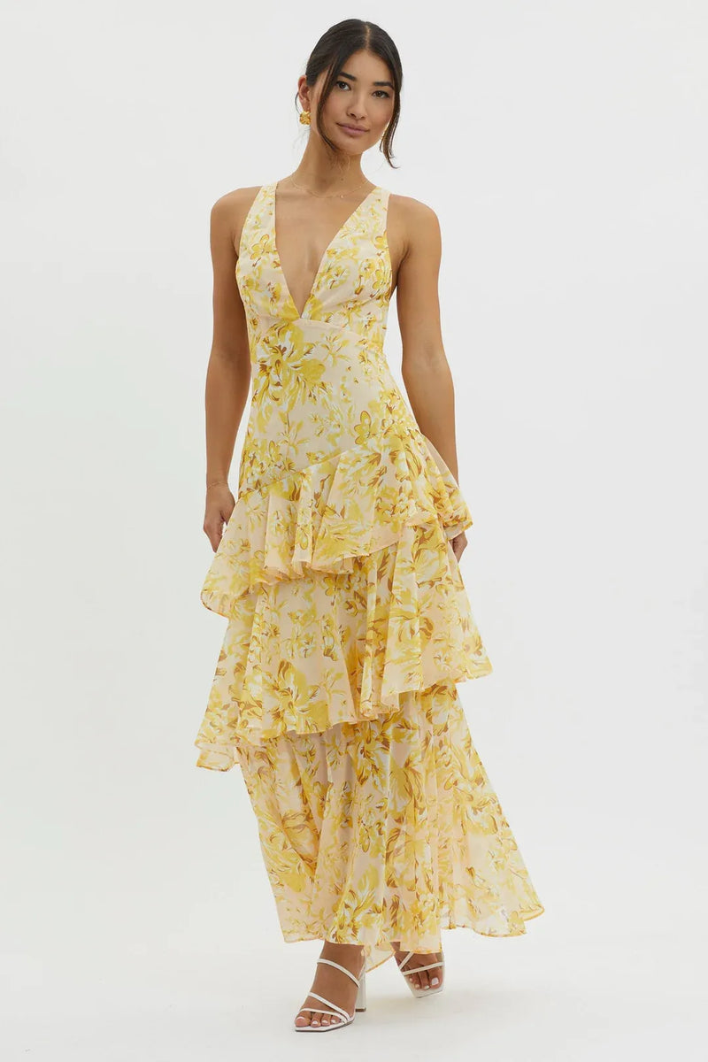 Maya - Vestido Largo Floral con Volantes