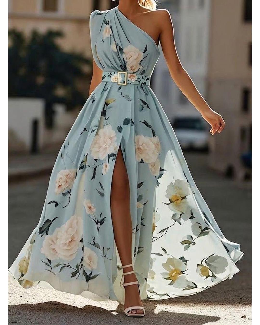 Aurora - Vestido largo floral de un solo hombro - Camila Fashions