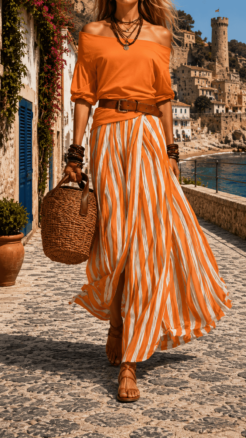 Porquerolles Set | Off-Shoulder Top & Striped Skirt