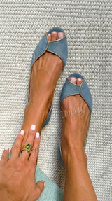 Beige and gold open-toe suede d'Orsay flats