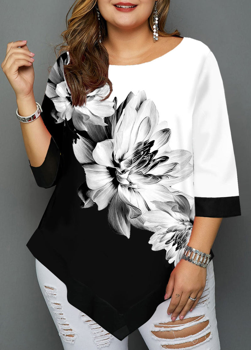 MODLILY®Asymmetric Hem Plus Size Floral Print T Shirt