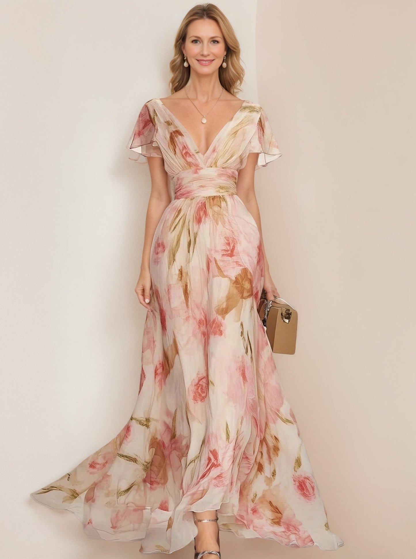 Vestido con escote en V, manga corta, estampado floral y volantes