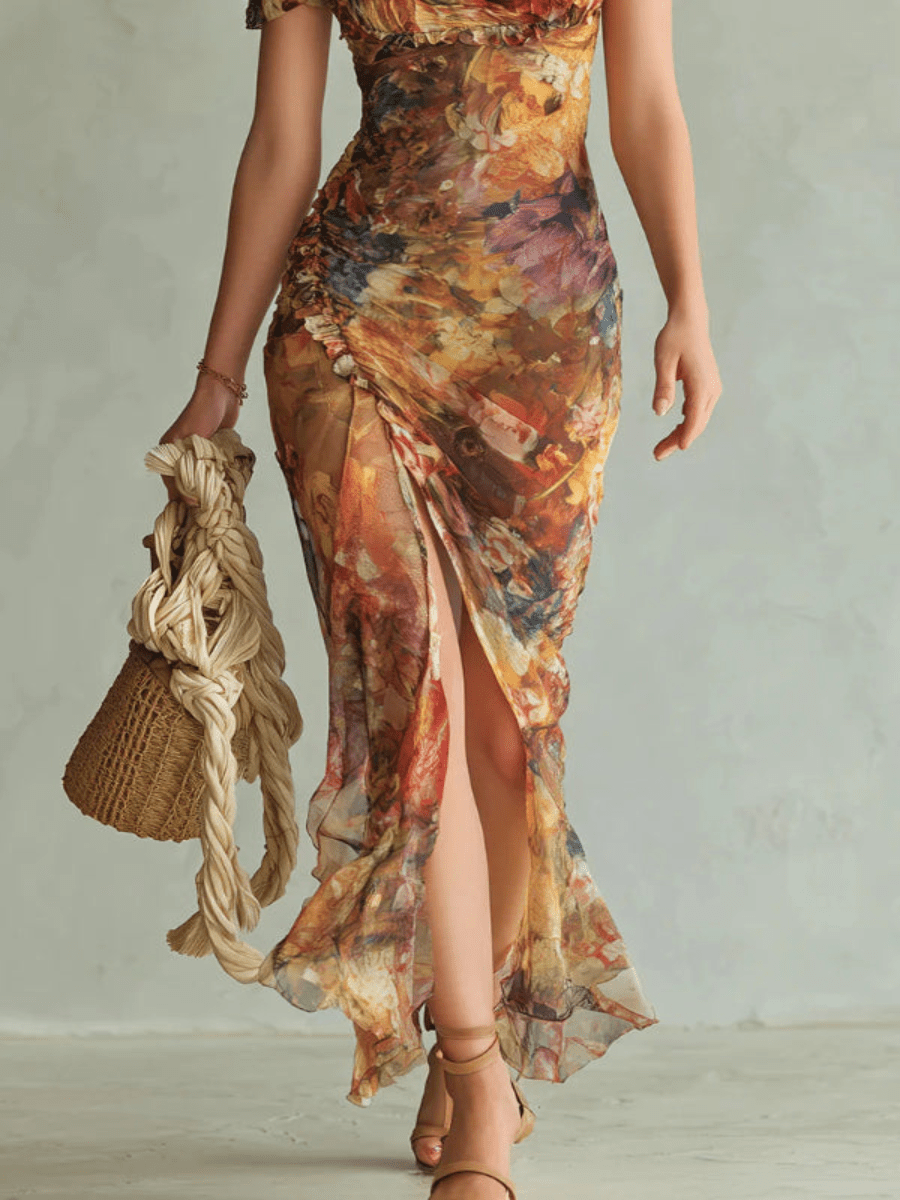 Vestido maxi elegante con escote cuadrado, manga corta y motivos florales